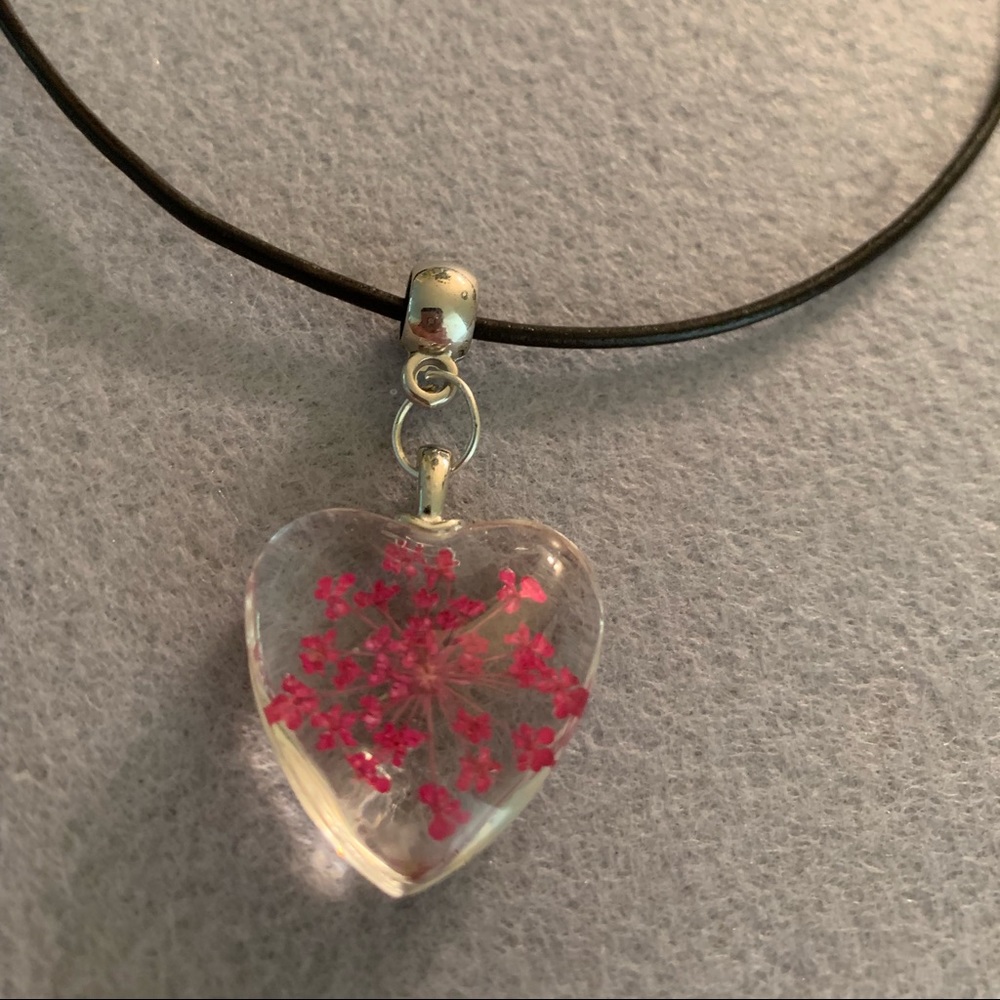 Dried pink flower heart necklace